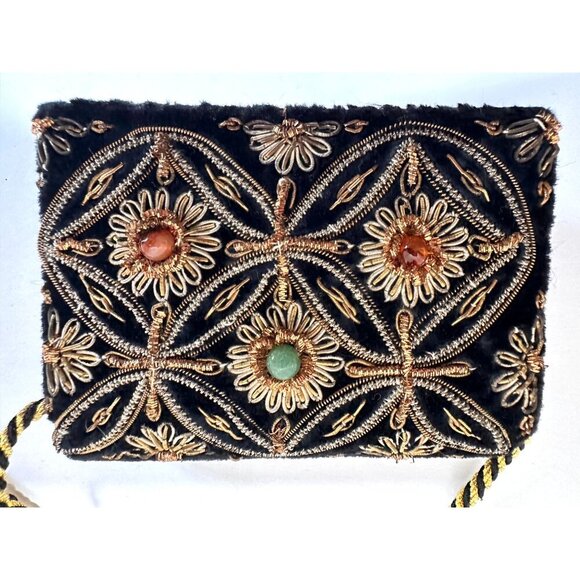 Vintage Embroidered Zardozi  Design Velvet Mini Crossbody Bag Braided‎ Strap - Picture 12 of 16
